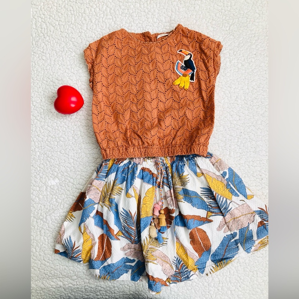 Kids Tropical Bird Embroidered Matching Set - Orange and Multicolor